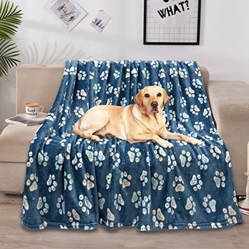 Flannel Pet Blankets for Large Dogs & Cats, Washable, Soft Mat Throw Cover for Kennel, Crate, Bed - Cute Paw Pattern - Navy Blue 50" x 60" - color: Dark Blue, size: 60x50 inch
