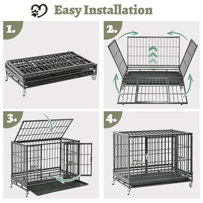 Heavy Duty Dog Crate 36 Inch, Stackable Dog Crate Cage Kennel for Breeders & Groomers, Drop Cages for Medium Dogs with 4 Wheels, 2 Bowls, Easy to Clean Grids & Tray - size: 36"L x 22.5"W x 29"H