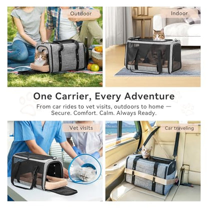 PETSFIT Soft-Sided Cat Carrier with Patented Safety Buckles, Lockable Zippers & Safety Tether,Escape-Resistant Travel Pet Carrier for Car Rides & Vet Visits, Airline Approved Under-Seat, Up to 12 lbs - color: Gray, size: Medium