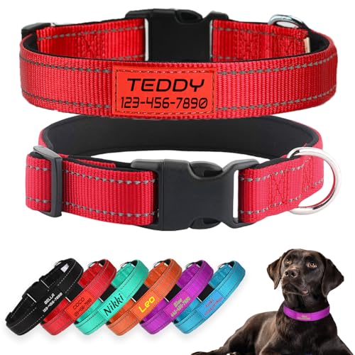 Personalized Dog Collars, Reflective Nylon Custom with Pet Name and Phone Number,Adjustable 5 Sizes and 3 Fonts Soft Neoprene Padded Dog Collar for Boy Girl Puppies Dogs,Red - color: Red