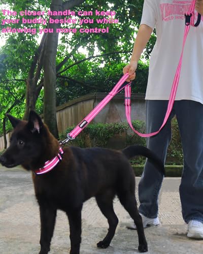 AUBELL Double Handle Tactical Dog Leash Heavy Duty for Small and Medium Large Dogs,Reflective Adjustable Nylon Leash that Pull with Car Seatbelt for Training,4.5-6FT,Pink - color: No bungee-Pink(4.5-6FT)