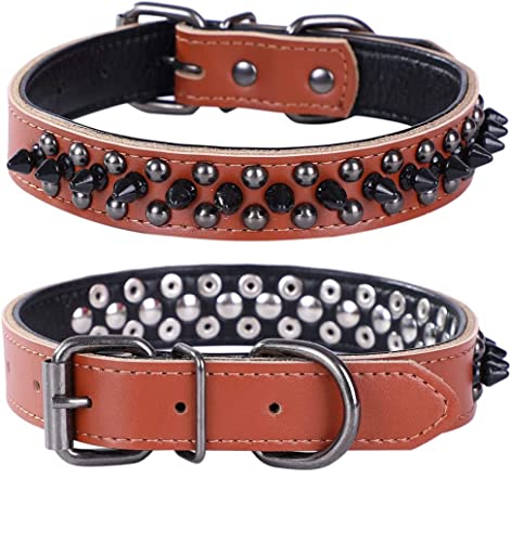 Spiked Studded Dog Collar, Genuine Leather Dog Collar, Adjustable Pet Collars for Small or Medium Pet (L, Brown) - color: Brown, size: L