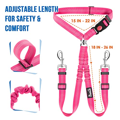 Lukovee Double Dog Seat Belt, New Dual Pet Car Headrest Restraint Safety Seatbelt No Tangle Dog Leash Duty Adjust Elastic Bungee Puppy Lead Splitter Connect Harness in Vehicle Travel for 2 Dogs (FL) - color: Fluorescent Pink