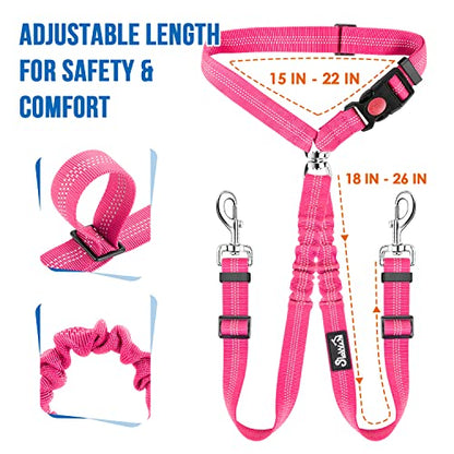 Lukovee Double Dog Seat Belt, New Dual Pet Car Headrest Restraint Safety Seatbelt No Tangle Dog Leash Duty Adjust Elastic Bungee Puppy Lead Splitter Connect Harness in Vehicle Travel for 2 Dogs (FL) - color: Fluorescent Pink