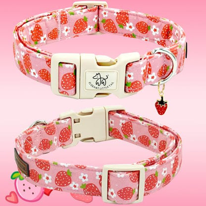 Elegant little tail Dog Collar, Strawberry Pattern Pet Collar Pink Durable Spring Female Spring Collar Adjustable Cotton Pet Collar with Quick Release Buckle for Small Dogs - color: Strawberry, size: Small (Pack of 1)