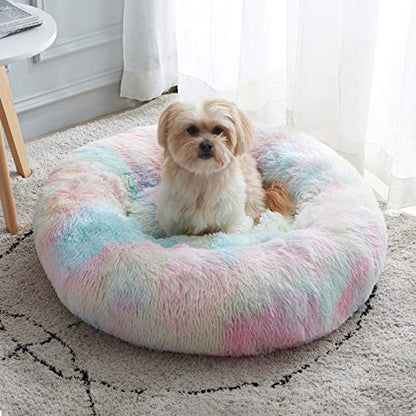 WESTERN HOME WH Calming Dog & Cat Bed, Anti-Anxiety Donut Cuddler Warming Cozy Soft Round Bed, Fluffy Faux Fur Plush Cushion Bed for Small Medium Dogs and Cats (20"/24"/27"/30") - color: Rainbow, size: 27.0"L x 27.0"W x 8.0"Th