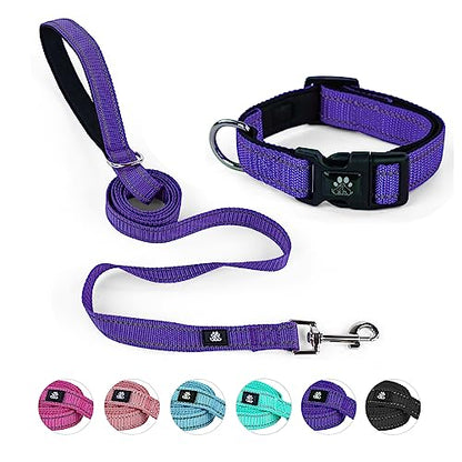 Dog Collar and Leash Set,Reflective Dog Collars with Quick Release Buckle,Adjustable Nylon Pet Collar for Small Medium Large Dogs(Small,Purple) - color: Purple, size: Small