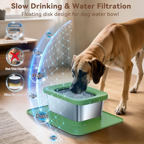 10L No Spill Dog Water Bowl, 2.6 Gal Stainless Steel No Splash Large Dog Water Bowl with Non-Slip Silicone Mat, Spill Proof Slow Drinking Pet Bowls for Messy Drinkers Indoor/Outdoor Use - color: Dark Green