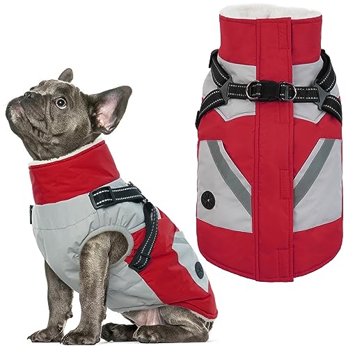 IECOii Dog Coat with Harness Built in - Red, Large - Waterproof Winter Coat, Fleece Lined Snow Jacket for Dogs - color: Red, size: Large(Chest:24.4 in)