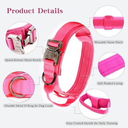 Tactical Dog Collar and Leash Set Adjustable Military Nylon Dog Collar with Control Handle and Heavy Duty Metal Buckle for Large Dogs（Pink S - color: Pink SET(collar+leash), size: Small (Pack of 1)