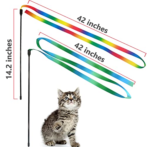 LASOCUHOO Interactive Cat Rainbow Wand Toys, Interactive Cat Teaser Wand String, Colorful Ribbon Charmer for Most Cats and Kittens - 2 PCS - color: Greenrainbow