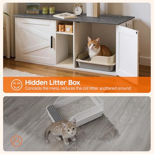 HOOBRO Double Litter Box Enclosure, Modern Cat Litter Box Furniture with Storage and Mat Design, Farmhouse Hidden Litter Box Enclosure with 2 Hooks, White and Charcoal Gray BW23MW01 - color: White + Charcoal Gray