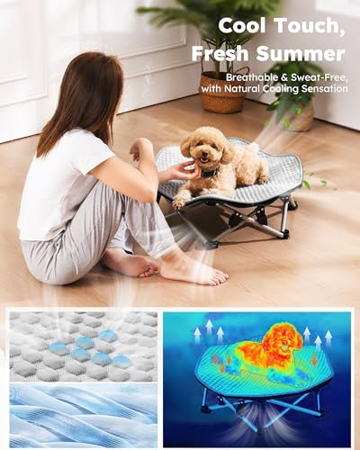 Pecute Elevated Dog Bed with Cooling Blanket, Chew Proof Outdoor Pet Cot for Small Dogs, Tool-Free Assembly & 360° Breathable Mesh for Summer Camping, Orthopedic Joint Support, M, 26×23.6×5.9" - size: M(26 × 23.6 × 5.9'')