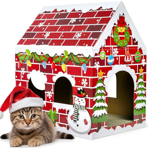 Cinrobiye Christmas Cardboard Cat House with Scratcher Pet Gingerbread Board Bed Cave Playhouse Hideaway Hideout Condo Decor Small Animals Scratch Box for Indoor Cats Kittens Rabbits Bunny (Red, 1) - color: Red