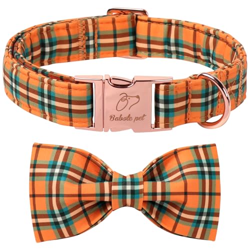 Fall Dog Collar with Bow Tie - Green Orange Plaid Pattern Halloween Puppy Collar, Adjustable Metal Buckle Thanksgiving Bowtie Dog Collars for Small Medium Large Dogs XS - color: B-Orange Green Plaid, size: XS