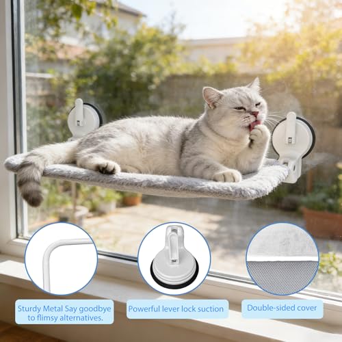 L&W BROS. 2PC Cat Window Perch with Lever Lock Suction Cups Holds up to 50 lbs Foldable & Space Saving Design Heavy Duty Window Hammock for Large or Multiple Cats (L 2Pc) - size: L
