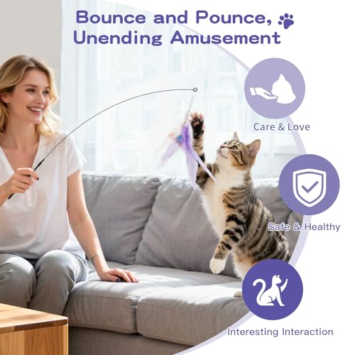 Pawaboo Feather Teaser Cat Toy, Interactive Feather Wand Cats Toy Flying Feathers Cat Catcher with Extra Long 34.5" Wand and Small Bell, Exerciser Playing Toys for Kitten or Cats, Purple - color: Purple