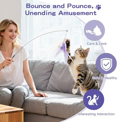 Pawaboo Feather Teaser Cat Toy, Interactive Feather Wand Cats Toy Flying Feathers Cat Catcher with Extra Long 34.5" Wand and Small Bell, Exerciser Playing Toys for Kitten or Cats, Purple - color: Purple