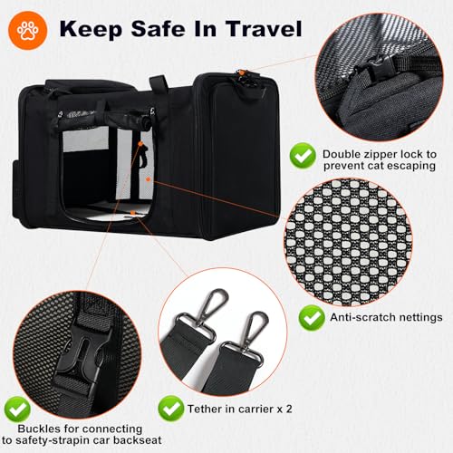 pidipiti 25''(L) x 17''(W) x 17''(H) Extra-Large Expandable cat Carrier for Long Distance car Travel,for 1 Extra-Large cat / 2 Large Cats / 3 Small-Medium Cats up to 35 lbs(Black) - size: Extra-Large(expandable)