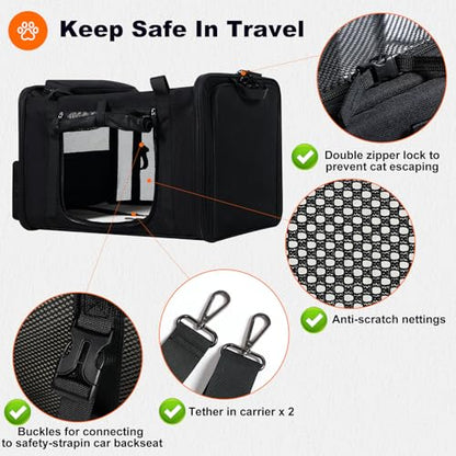 pidipiti 25''(L) x 17''(W) x 17''(H) Extra-Large Expandable cat Carrier for Long Distance car Travel,for 1 Extra-Large cat / 2 Large Cats / 3 Small-Medium Cats up to 35 lbs(Black) - size: Extra-Large(expandable)