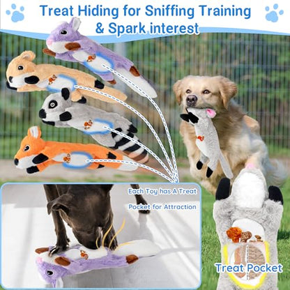 LECHONG 5-Pack Fluff-Free Squeaky Dog Toys - Crinkle No-Stuffing Body & Lightly Filled Head with Treat Hiden Pocket, Dog Toys Bundle for Aggressive Chewers Small Medium Large Dogs to Keep Them Busy - style: Tough Plush Toys