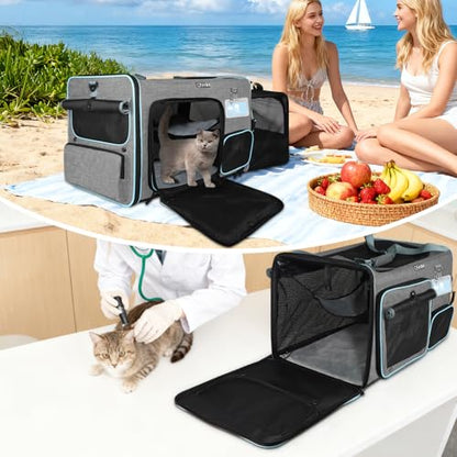 Petskd Side Expandable Extra Large Cat Car Carrier with Collapsible Litter Box for Long Distance Travel,24"x17"x17" Portable Soft Sided Pet Carrier with Roller Shades for 2 Cats Up to 55LBS(Grey) - color: grey