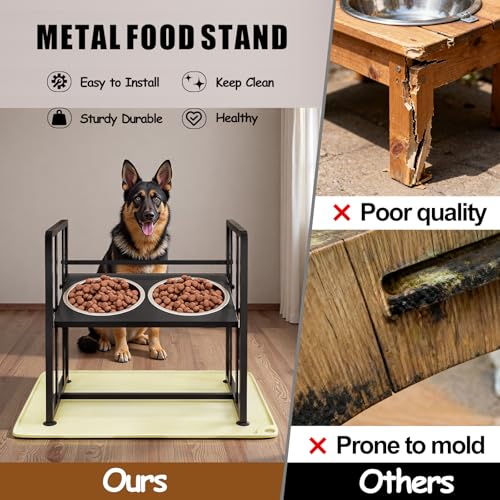 Elevated Dog Bowls 4 Height Adjustable Metal Pet Food Feeder Stand with 2 Stainless Steel Bowl Raised Dogs Feeding Station with Non-Slip Mats Black (Black, with Feeding Mat) - color: Black+Yellow-B, size: 17.91x11.02x17.05in