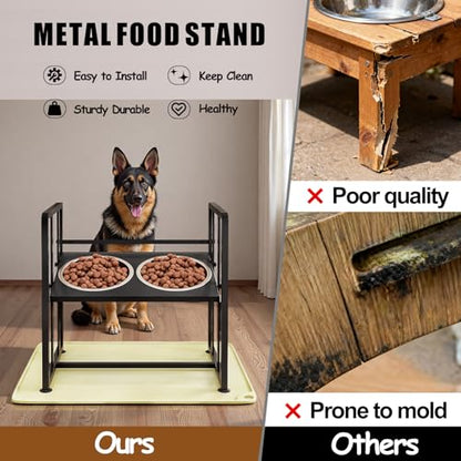 Elevated Dog Bowls 4 Height Adjustable Metal Pet Food Feeder Stand with 2 Stainless Steel Bowl Raised Dogs Feeding Station with Non-Slip Mats Black (Black, with Feeding Mat) - color: Black+Yellow-B, size: 17.91x11.02x17.05in