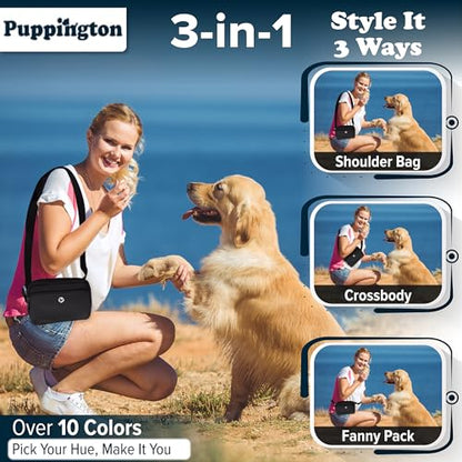 Puppington 3-in-1 Crossbody Dog Treat Pouch for Pet Training - Compostable Poop Bags, Built-In Poop Bag Dispenser, Slow-Feeding Travel Dog Bowl & Reflective Leash - Dog Walking Bag (Onyx Black) - color: Onyx Black