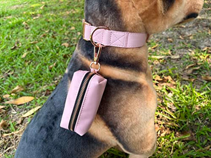 Dog Collar and Leash Set.Soft and Easy to Clean Vegan Leather with Rose Gold Metal Buckle for Small Medium Large Dogs (Pink-, Poop Bag Dispenser) - color: Pink, size: One Size