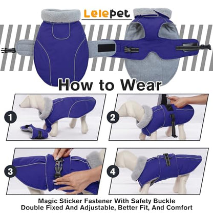 Lelepet Warm Dog Winter Coat Waterproof Dog Jacket with Adjustable Buckle & Leash Hole Reflective Pet Fleece Snowsuit Turtleneck Windproof Cold Weather Coats, Blue, XL - color: Blue, size: XL