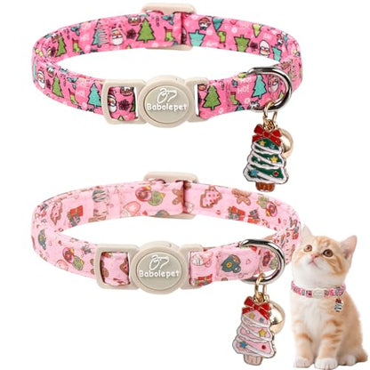 2 Pack Christmas Cat Collars - Breakaway Cat Collar with Bell, Pink and Green Christmas Tree Pendant, Winter Adjustable Kitten Collars for Girl Boy Cats, Cozy Christmas - color: Cozy Christmas