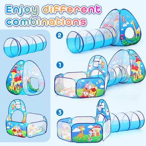 3pc Kids Play Tent with Play Tunnel and Ball Pit, Toddler Tent for Girls and Boys Indoor Playhouse, Gift Toys for Babies (Balls NOT Included) - style: Animals