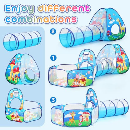 3pc Kids Play Tent with Play Tunnel and Ball Pit, Toddler Tent for Girls and Boys Indoor Playhouse, Gift Toys for Babies (Balls NOT Included) - style: Animals
