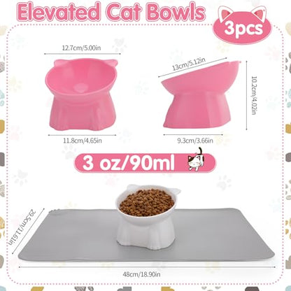 Elevated Cat Bowls 15° Raised Cat Bowl with Silicone Mat Whisker Friendly Anti Vomiting Cats Elevated Food and Water Bowls for Indoor Cats Kittens, Multicolor - color: Pink, Grey, White