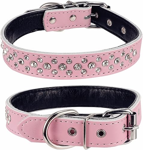 Rhinestones Dog Collar, Adjustable Sparkly Crystal Studded Genuine Leather Pet Dog Collar for Small and Medium Dogs (S, Pink) - color: Pink, size: S