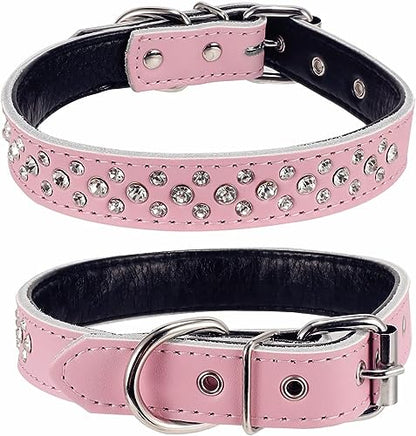 Rhinestones Dog Collar, Adjustable Sparkly Crystal Studded Genuine Leather Pet Dog Collar for Small and Medium Dogs (M, Pink) - color: Pink, size: M