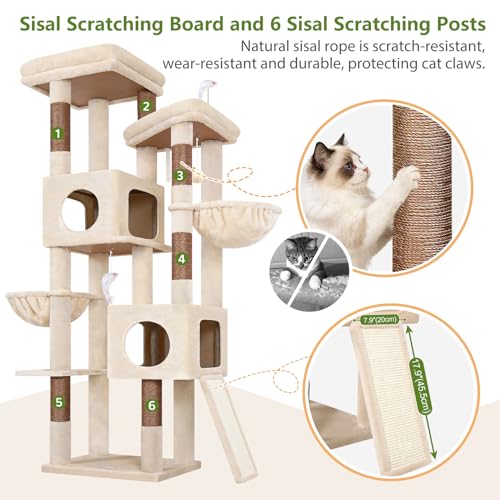 Globlazer 72in Heavy Duty Cat Tree Tower for Large Adult Cats, Multi-Level Cat Condo Stand with 2 Cozy Baskets & 6 Sisal Scratching Posts, S72E, Beige - color: Beige