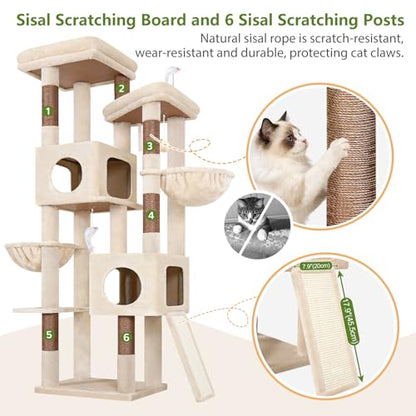 Globlazer 72in Heavy Duty Cat Tree Tower for Large Adult Cats, Multi-Level Cat Condo Stand with 2 Cozy Baskets & 6 Sisal Scratching Posts, S72E, Beige - color: Beige