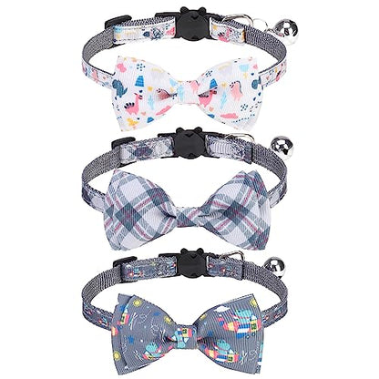 Breakaway Cat Collar with Removable Bow Tie and Bell, Cute Multi-Style Patterns, 3 Pack Safety Buckle Kitten Collars, Adjustable Pet Collar for Boy Cats Puppy (Gray) - color: Style B - Gray