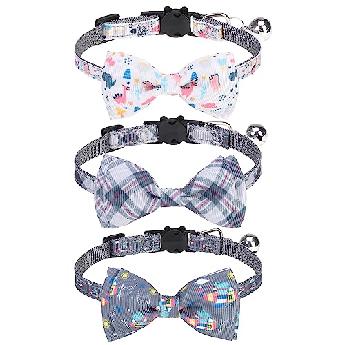 Breakaway Cat Collar with Removable Bow Tie and Bell, Cute Multi-Style Patterns, 3 Pack Safety Buckle Kitten Collars, Adjustable Pet Collar for Boy Cats Puppy (Gray) - color: Style B - Gray