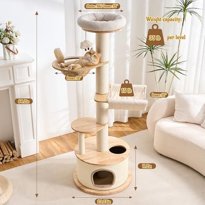 64.2" Modern Cat Tree for Indoor Cats, Solid Wood Cat Tower with Chunky Scratching Posts, 20" Roomy Condo, Cat Bed, Hammock, Capsule Nest, Interactive Squeaky Toy, Multi-Level Cat Furniture - color: 64.2"Natural
