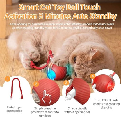 Interactive Cat Toys for Indoor Cats, USB Rechargeable Self-Moving Ball with Tail, Automatic Rolling Ball with 3 Modes, Touch Activated,