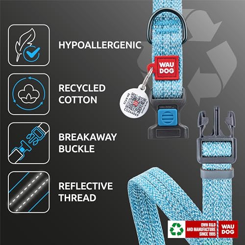 WAUDOG Reflective Cotton Dog Collar - Eco-Friendly Alternative to Nylon - Suitable for Small, Medium & Large Dogs - Adjustable, Quick-Release, Breakaway - Blue, 14" - 23" Neck * 1" Wide - color: Blue, size: 14" - 23" Neck * 1" Wide