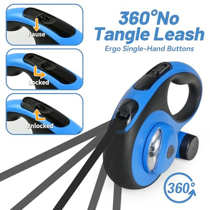 26ft Heavy Duty Retractable Dog Leash for Large Dogs, Dog Leash with Poop Bag Holder, Up to 100lbs, with LED Light, Chew Proof Cable, One-Handed Pause & Lock, 360° No Tangle. (Blue, 26Ft) - color: Blue
