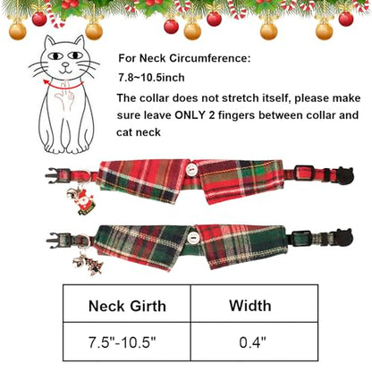 ADOGGYGO Christmas Cat Collars Breakaway with Bow Bell, 2 Pack Stylish Red Green Plaid Xmas Kitten Collar with Removable Shirt Collar, Plaid Christmas Collars for Cats Kittens - color: Christmas-3
