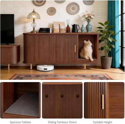 Cat Litter Box Enclosure with Scratch Pad, Sliding Door, 38.5" Cat Litter Furniture Hidden Litter Box Cabinet, Modern Indoor Cat House, TV Stand, Side End Table for Living Room (Walnut) - color: Walnut