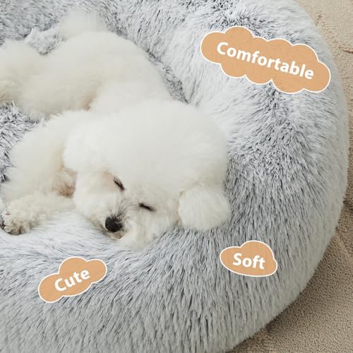 WNPETHOME Calming Dog Bed Cat Bed Donut, Faux Fur Pet Bed Self-Warming Donut Cuddler, Comfortable Round Plush Dog Beds (24 x 24 Inch, Light Grey) - color: light grey, size: 24"L x 24"W x 8"Th
