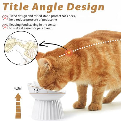 Ceramic Raised Cat Bowl，Tilted Raised Cat Bowl Anti Vomit Cat Bowls for Indoor Cats Whisker Friendly Pet Feeder for Cats Puppies, Microwave and Dishwasher Safe - color: White