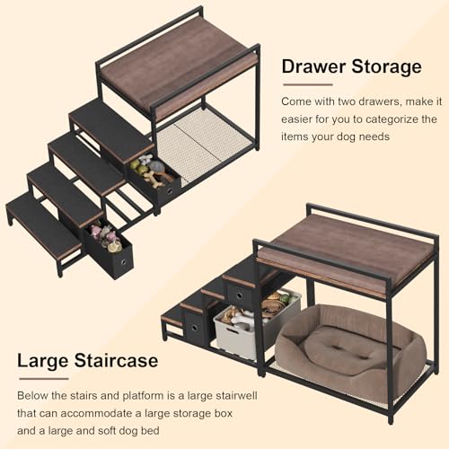 Saudism Pet Bunk Bed with Removable Stairs and 2 Drawers, Dogs/Cats Window Perch, Dog Window Seat with Soft Cushion, Ultra-Shallow Steps, Sturdy Metal Frame, Non-Slip, Load Capacity 60 LBS, Brown - color: Brown+Black
